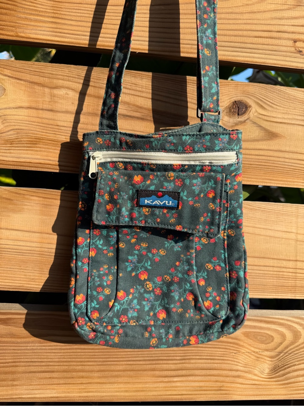 Kavu Dark Green Floral Crossbody Bag with Red and Orange Accents